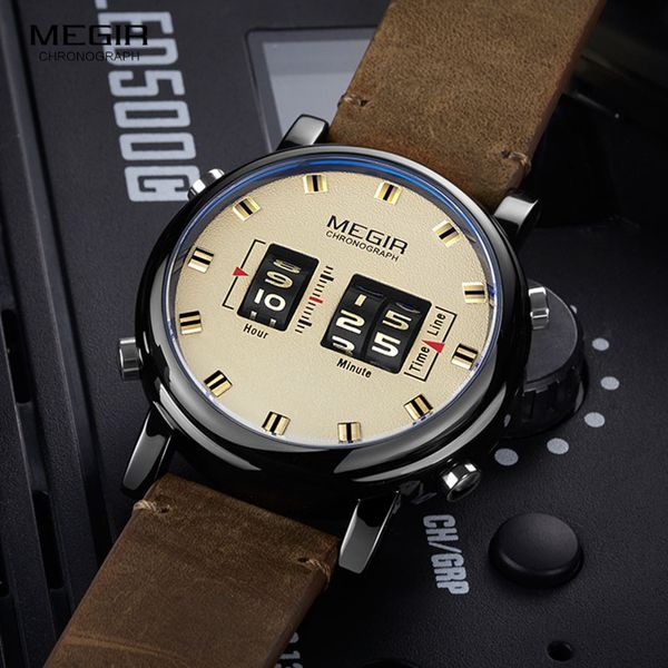 

megir digital watch man luxury brand quartz watches men leather relogio masculino 2019 new army drum roller wristwatch 2137, Slivery;brown