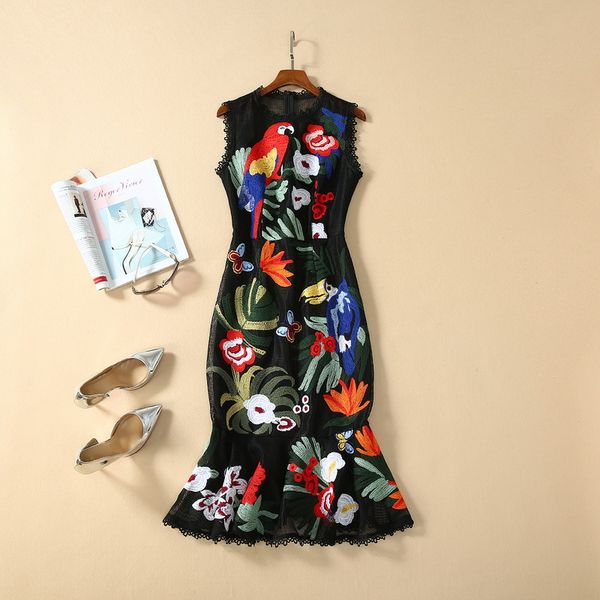 

milan runway dress 2020 spring summer print embroidery women's designer dress brand same style dress 12-1.9, Black