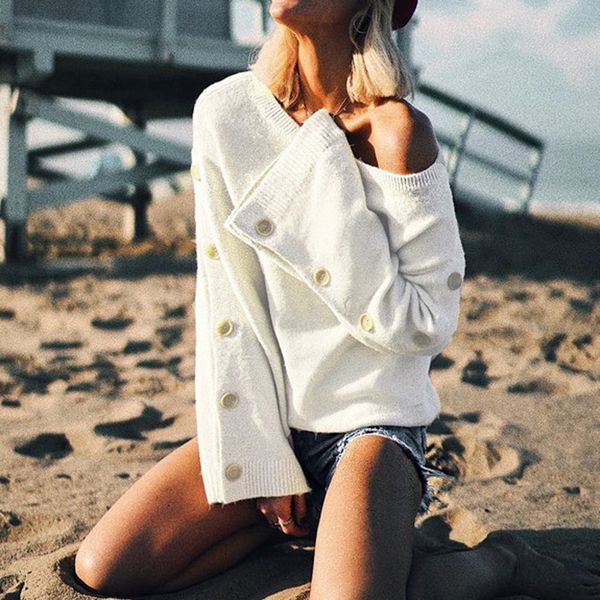 

fashion oblique collar sweater women flare long sleeve solid button off shoulder knitted pullover blouse casual loose pull femme, White;black