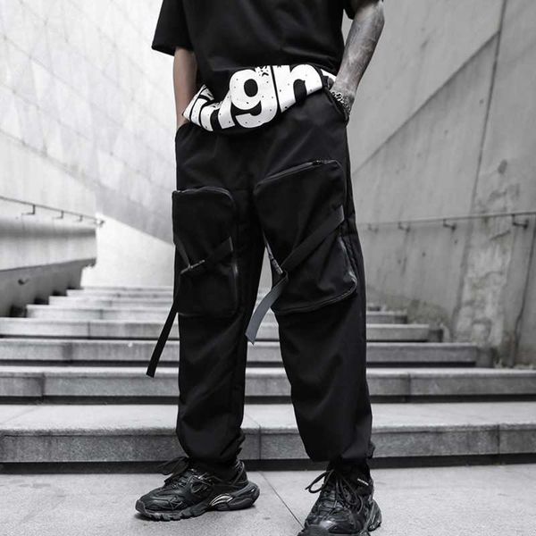 

streetwear ribbons joggers men pants 2020 spring mens harem pants hip hop summer casual sweatpants ankle-length men trousers, Black