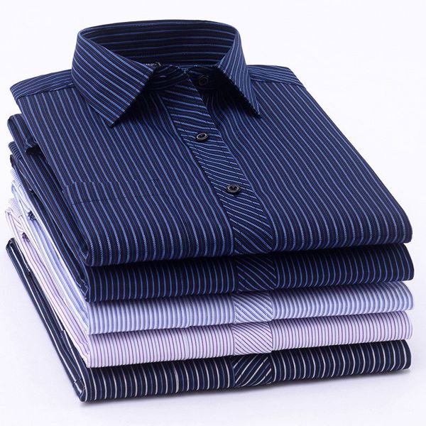 

long sleeve formal men's striped dress shirts social turn-down collar with pocket regular fit business male smart casual shirt, White;black