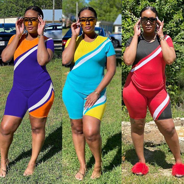 

pants female two piece sets casual ladies sets contrast color patchwork womens 2pcs slim short sleeve short, White