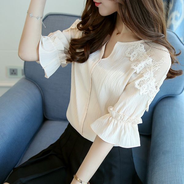 

womens womens blouses summer 2019 pink chiffon women shirt blouse fashion short sleeve shirt lace v neck blusas d678 30, White