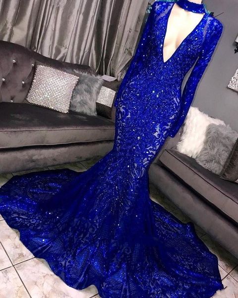 Red New Bling lantejoulas Prom Vestidos profunda V Neck mangas compridas Mermaid Real Azul Escuro Sequins Formal vestido de festa vestidos de noite Com Choker