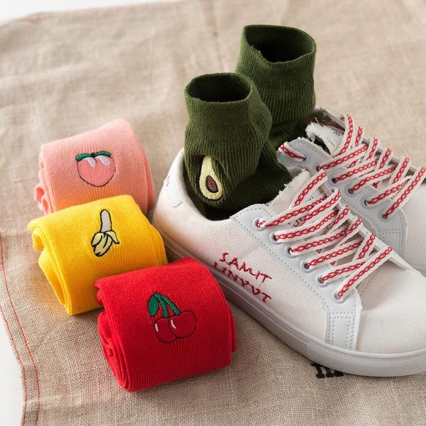 

4pairs/lot cute cartoon fruit avocado banana cherry peach girls kawaii socks korean harajuku embroidery pile heap funny sock, Black;white