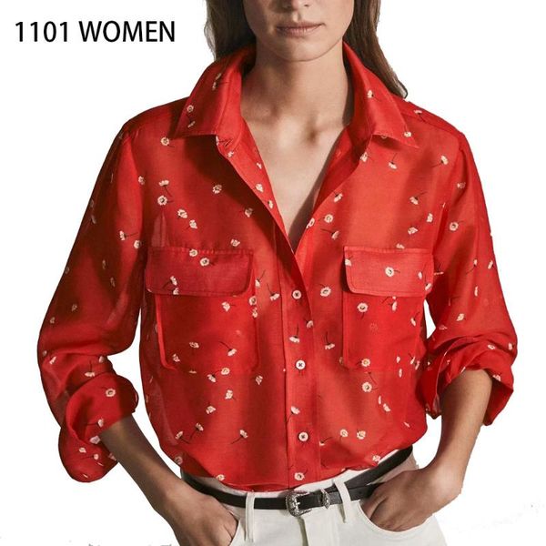 

women's blouses & shirts spring women red floral print full sleeve turn-down collar female fashion casual woman clothes, White