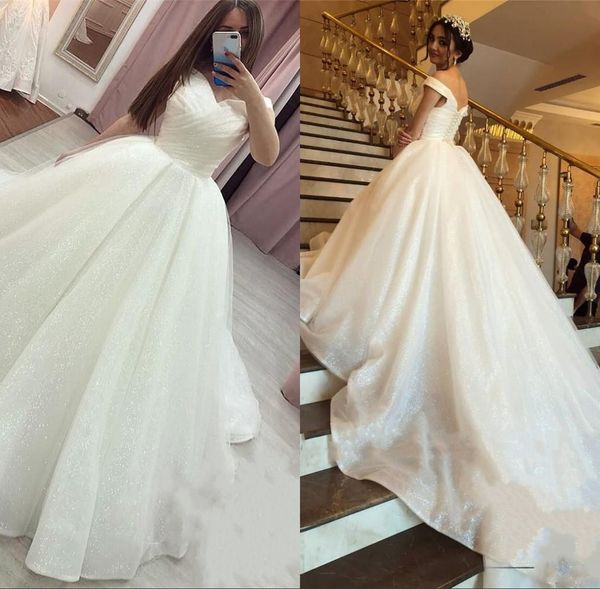 

Sparkly Sequined Ball Gown Wedding Dresses Plus Size Off Shoulder Arabic Dubai Luxury Cheap Country Style Bridal Gowns Vestido De Novia