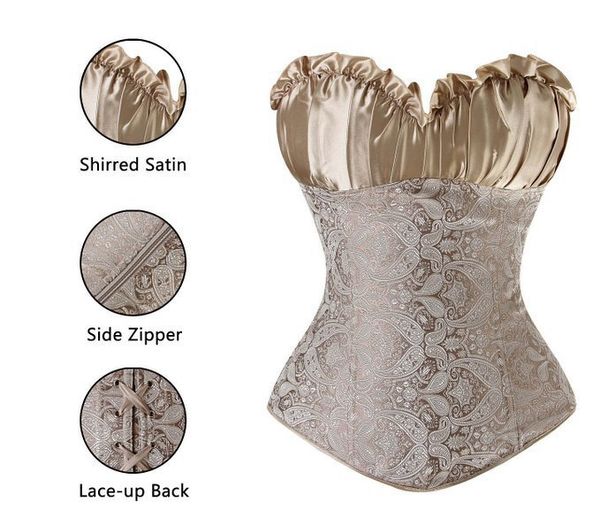 

wholesale lingerie corsets women ruched overbust damask print satin corset bustier with strips s-6xl multicolor plus size drop ship, Black;white