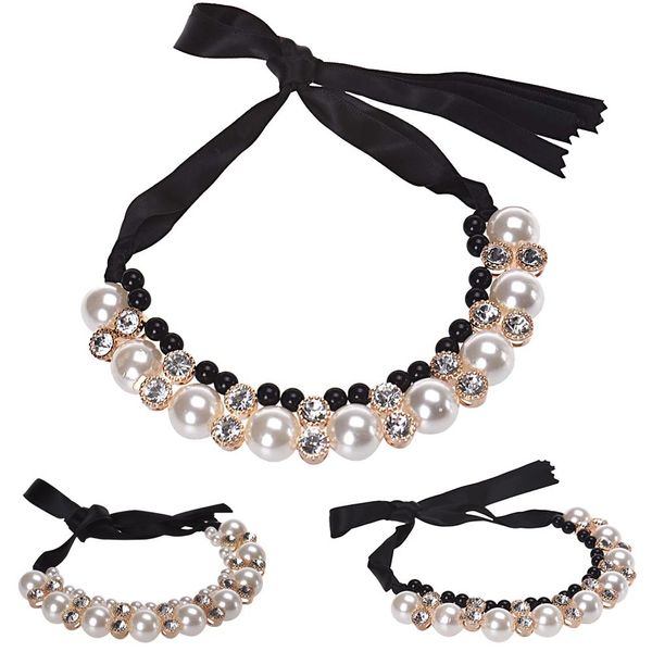 

2017 лучшее предложение женщины двухрядные регулируемая группа цепи горный хрусталь ожерелье искусственный жемчуг чокеры ожерелья дамы ювели, Silver