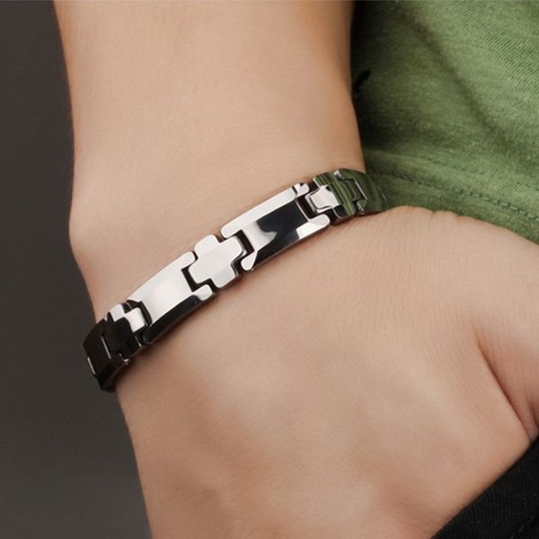 

simple couple silver tungsten steel cross biker bracelet men women hand jewelry health magnet bracelets bangle jewelry, Black