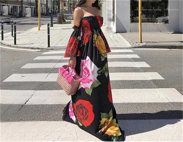 

womens dresses floral printed big skirts flare sleeved maxi dresses fashion womens party dresses strapless designer, White;black