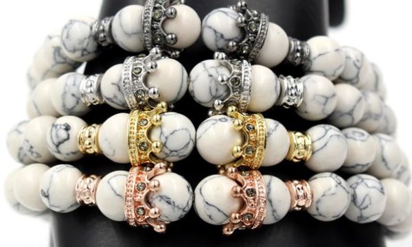 

8mm cxe4 gold silver micro pave cz zircon cubic zirconia elastic adjusted charm bead bracelet white howlite stone bangles, Black
