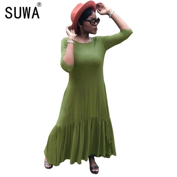 

женщины о-образным вырезом с длинным рукавом случайные свободные сплошной цвет оборками платье пляж стиль сращивания моды простой длинное пл, Black;gray