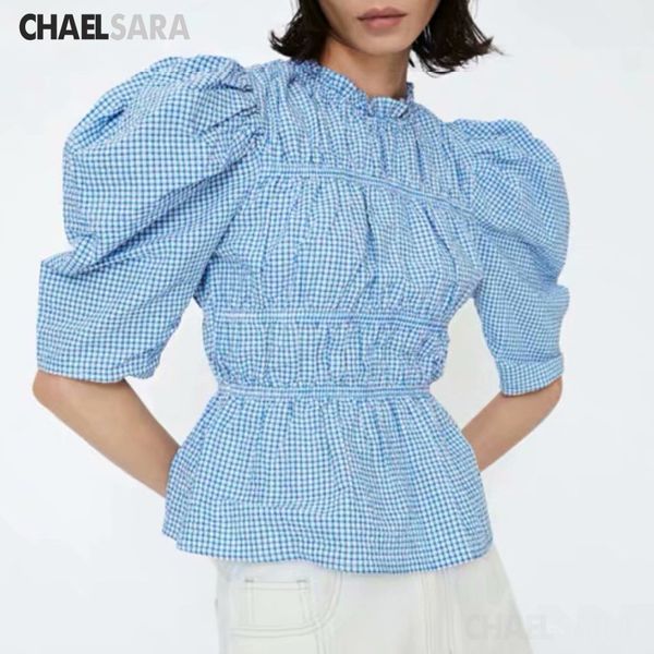

2020 new spring summer plaid puff sleeve short shirt women casual ruffled blouses, White