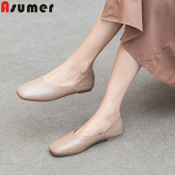 

asumer 2019 new flats shoes square toe genuine leather shoes shallow casual loafers comfortable women flats solid colors, Black
