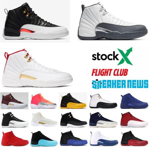 

mens 12 12s jumpman basketball shoes gym red bulls flu game university blue college navy dark grey men sports sneakers with box