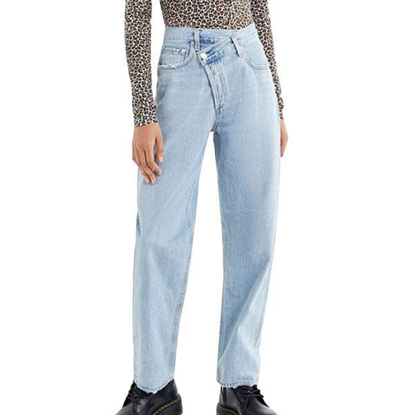 

vogue nice blue roll cuff boyfriend jeans woman spring casual straight leg high waist jeans streetwear korean fashion pants