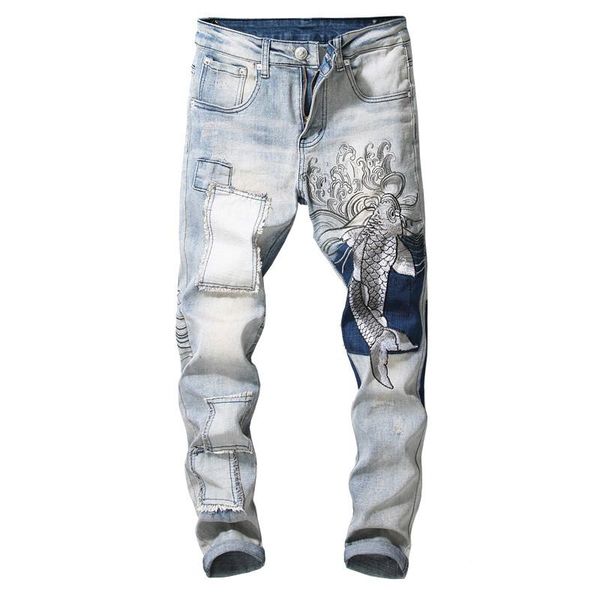 

septhydrogen марка дизайнерские мужские винтажные карп вышивка лоскутная джинсовая тонкий fit straight stretch джинсовые брюки мода джинсы, Blue