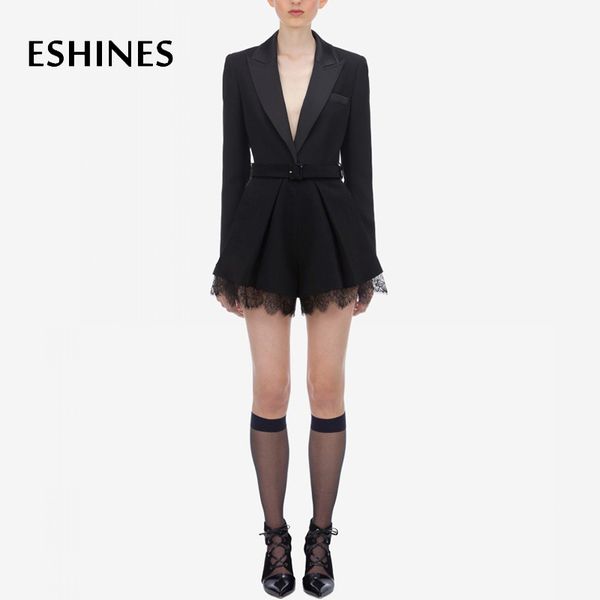 

eshines self portrait designer short jumpsuits autumn v-neck patchwork lace long sleeve come with belt office lady jumpsuits, Black;white