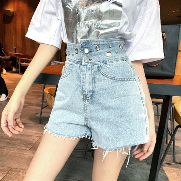 

real s2020 new fashion korean high waist irregular personality beaded jeans women's loose wild casual wide leg shorts, Blue