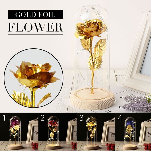 

rose flower led 24k gold gold foil rose eternal flower luminous glass cover flowers party immortality gift wedding decoration