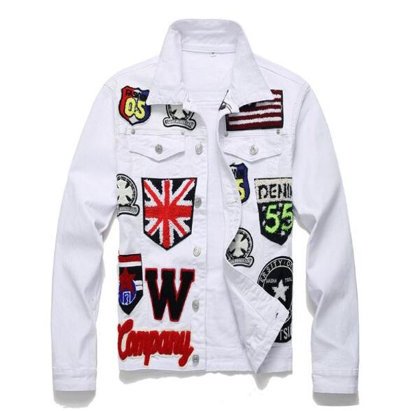 

mens jacket english flag skull embroidered white denim jacket letters badge long sleeve stretch coat patchwork outerwear, Black;brown