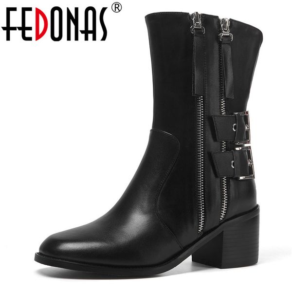 

fedonas genuine leather boots women autumn winter warm mid-calf boots night club shoes woman punk high heeled motorcycle, Black