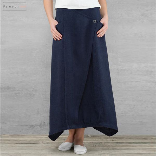 

plus size 2019 skirts women long casual high waist asymmetrical maxi skirt summer loose vintage linen beach skirts, Black