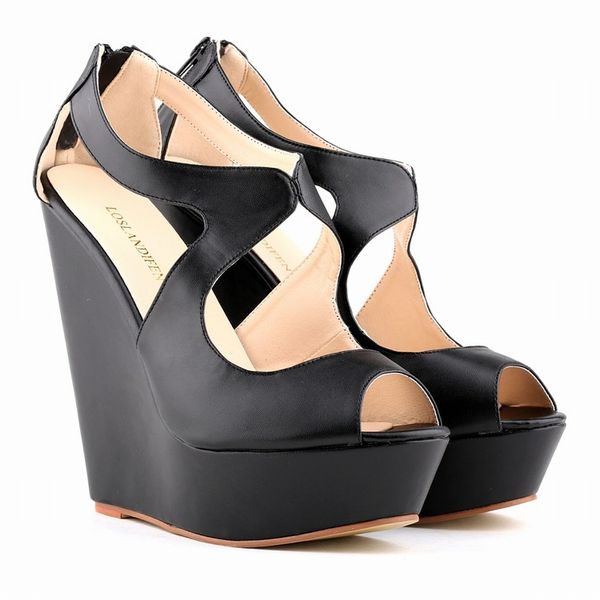

sapato feminino fashion ladies patent platform peep toe high heels wedge shoes sandals us size 4-11, Black