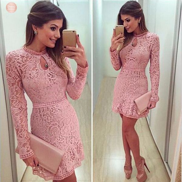 

dress hollow women dress sweet pink spring lace long sleeve slim round neck party evening short mini vestidos designer clothes, Black;gray