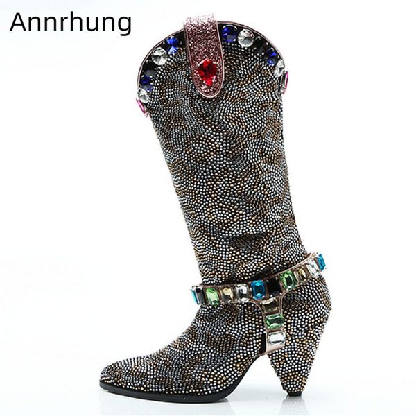 

luxury drilled women boots colourful crystal metal belt stage booties pointy toe spike heel boots women mid botas mujer, Black