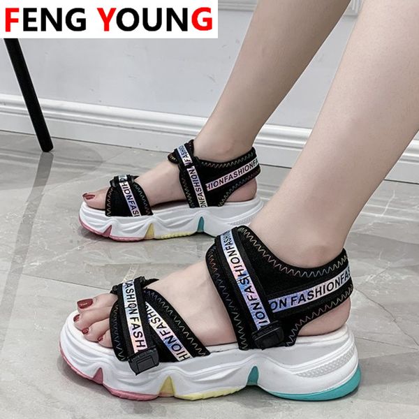 

2020 fashion hook loop female casual shoes women sport beach woman chunky sandals platform mesh designers 5cm high, Black