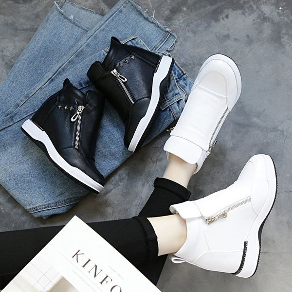 

swyivy pu platform sneakers womens shoes white zipper new 2019 autumn women casual shoes woman wedge sneakers for women fashion, Black