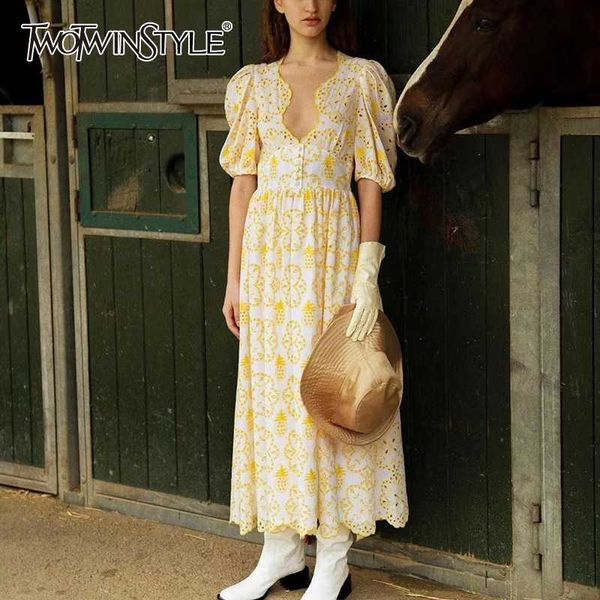 

twotwinstyle elegant print summer dress women asymmetrical collar puff sleeve high waist hollow out dresses female fashion tide, Black;gray