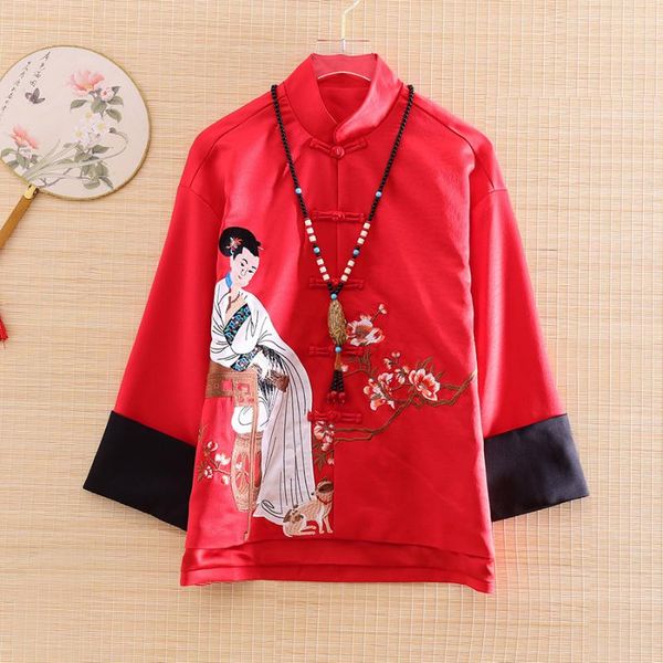 

high-end women spring jacket chinese style retro embroidery elegant loose lady tang coat female s-2xl, Red