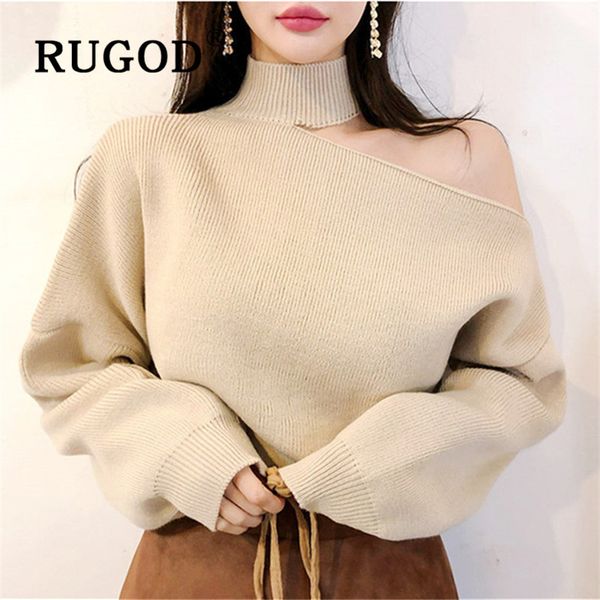 

rugod 2019 new autumn korean chic sweater pullovers o neck off-shoulder solid knit pull fashion female elegant temperament, White;black