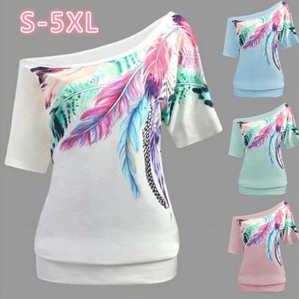 

fashion women summer casual print leaky shoulder short sleeve one shoulder fit loose ropa mujer#30, White