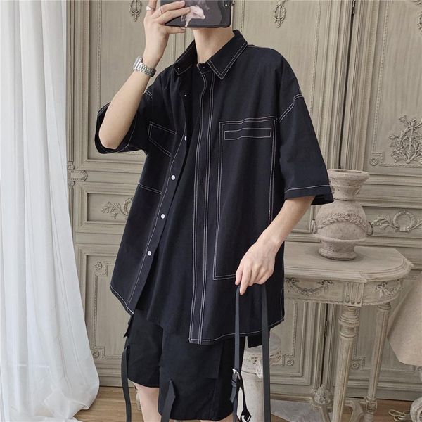 

2019 new summer korean version of the couple personality loose contrast color line breathable large size casual shirt, White;black