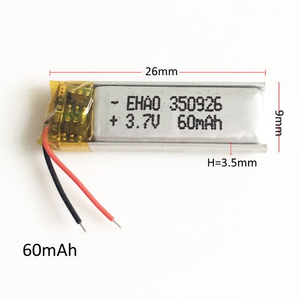 Modelo 350926 3.7 V 60 mAh Lithium Polymer LiPo Bateria Recarregável Para Mp3 Mp4 DVD PAD DIY E-book bluetooth fone de ouvido