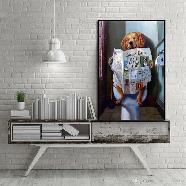 

a. cute handpainted abstract art oil painting funny dog toilet reading paper on canvas wall art home decorative nordic a44