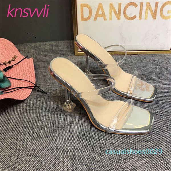 

fashion one strap clear pvc mules high heels sandals women peep toe summer shoes ladies crystal trigonal cup heel slippers woman c29, Black