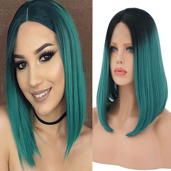 

rongduoyi synthetic lace front wig ombre green bob wigs for black women short hair wig short dark root middle part women wigs