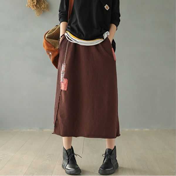 

skirts spring retro women patchwork embroidery furcal asymmetric female casual mid-calf length a-line fashion, Black
