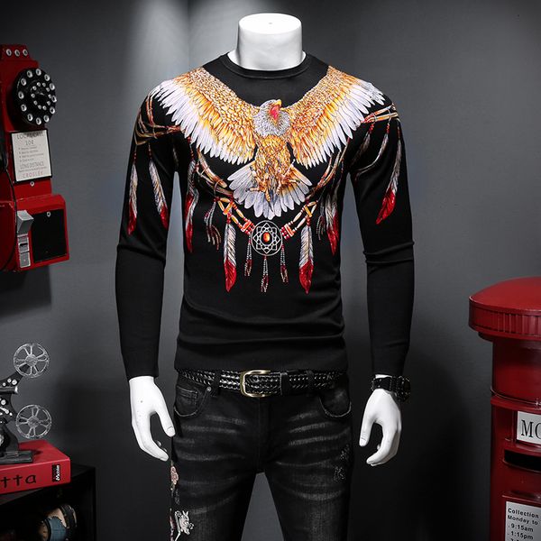 

2019 autumn and winter long-sleeved sweater t-shirt men's korean version of the trend of personality printing men's slim sweater, White;black