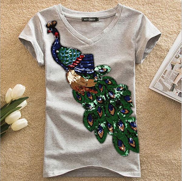 

women's new peacock pattern sequin embroidery cotton short sleeve t-shirt women's slim fashion 203, White