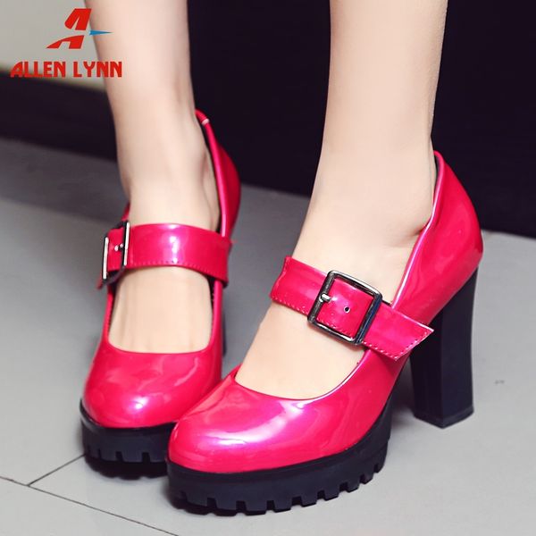 

allen brand female consise casual party shoes woman high heels buckle strap round toe elegant pumps women platform pumps, Black