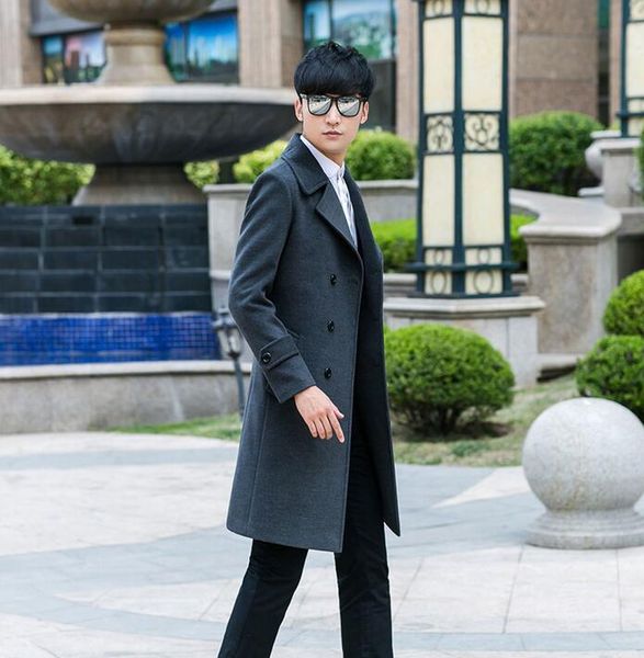 

мужская одежда плюс размер длинный тонкий дизайн случайные шерсти пальто мужские двубортные шерстяные пальто верхней одежды серый современны, Black