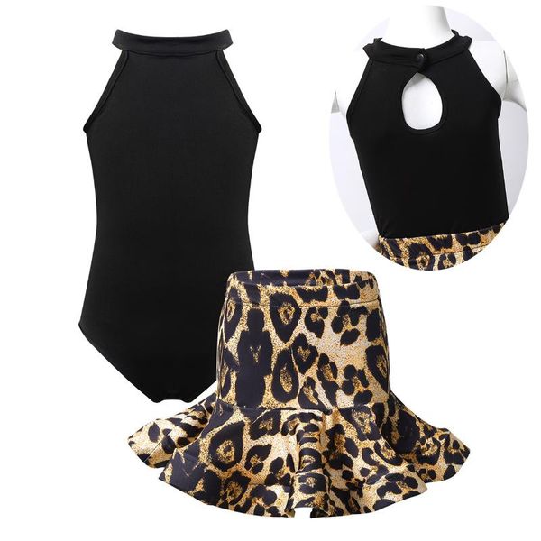 

stage wear chictry kids girls latin dance ballroom dancewear outfit sleeveless halter neck stretchy leotard with leopard printed skirt set, Black;red