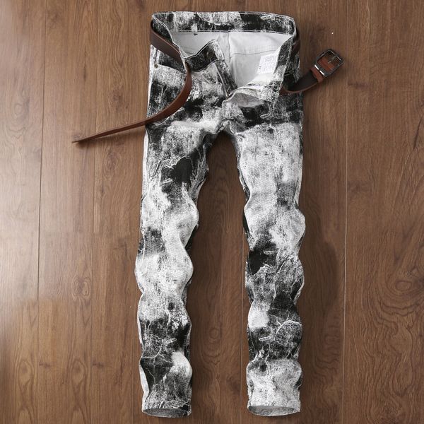

new men's jeans casual white printing men jeans stretch slim denim men fashion printing man biker spell color pants, Blue