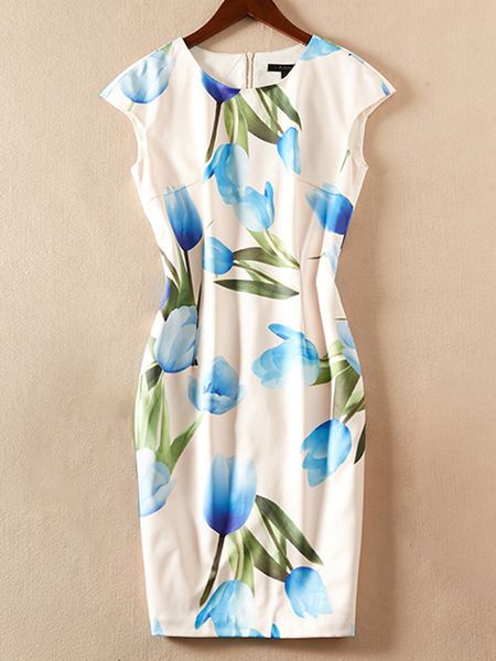 

flower print women sheath dress round neck casual dresses, Black;gray